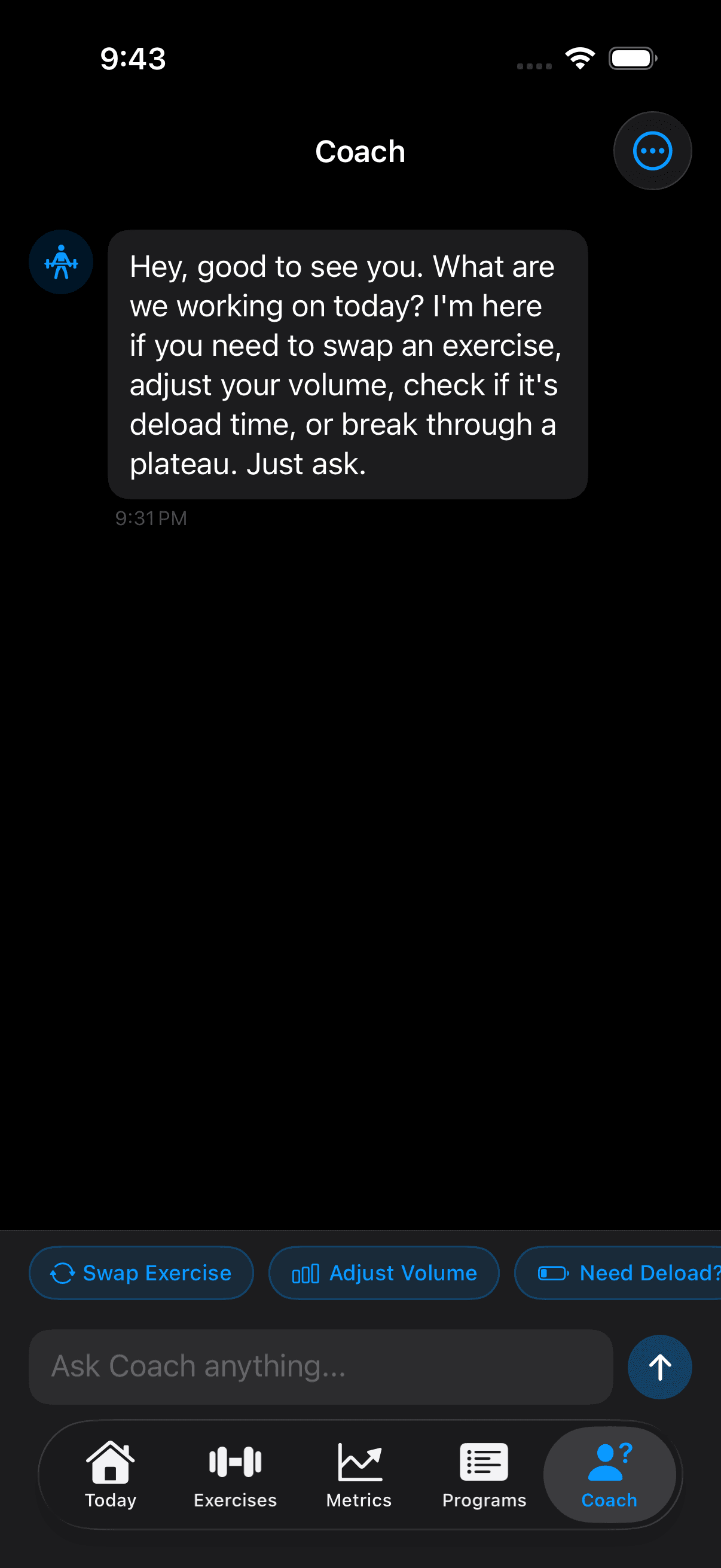 Swole AI Coach chat interface with quick action suggestions