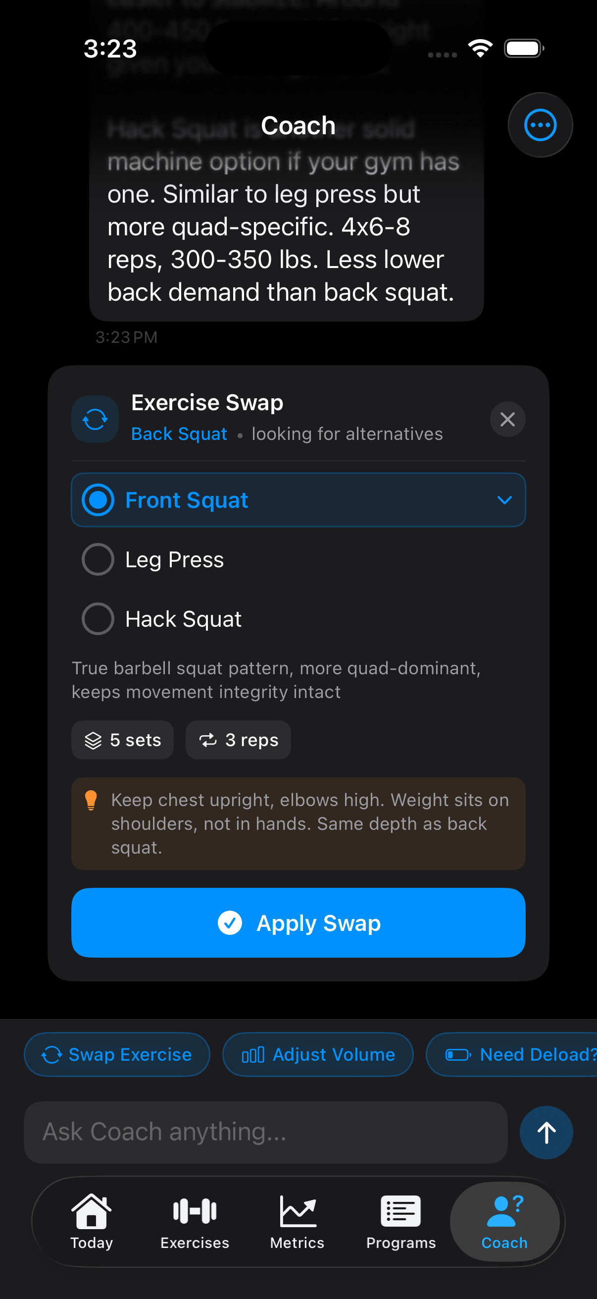 Swole AI Coach showing exercise swap suggestions with alternatives and reasoning