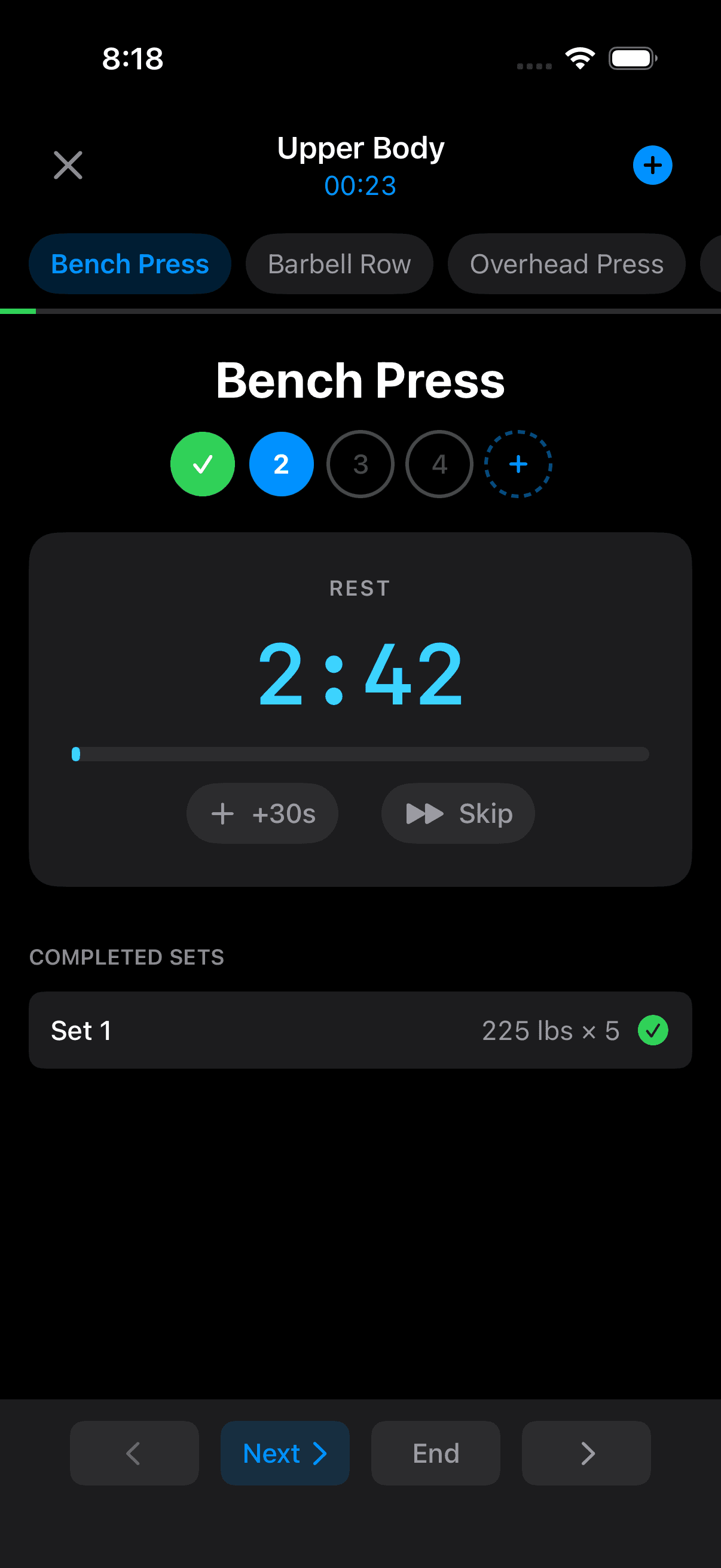 Swole app showing adaptive rest timer between sets
