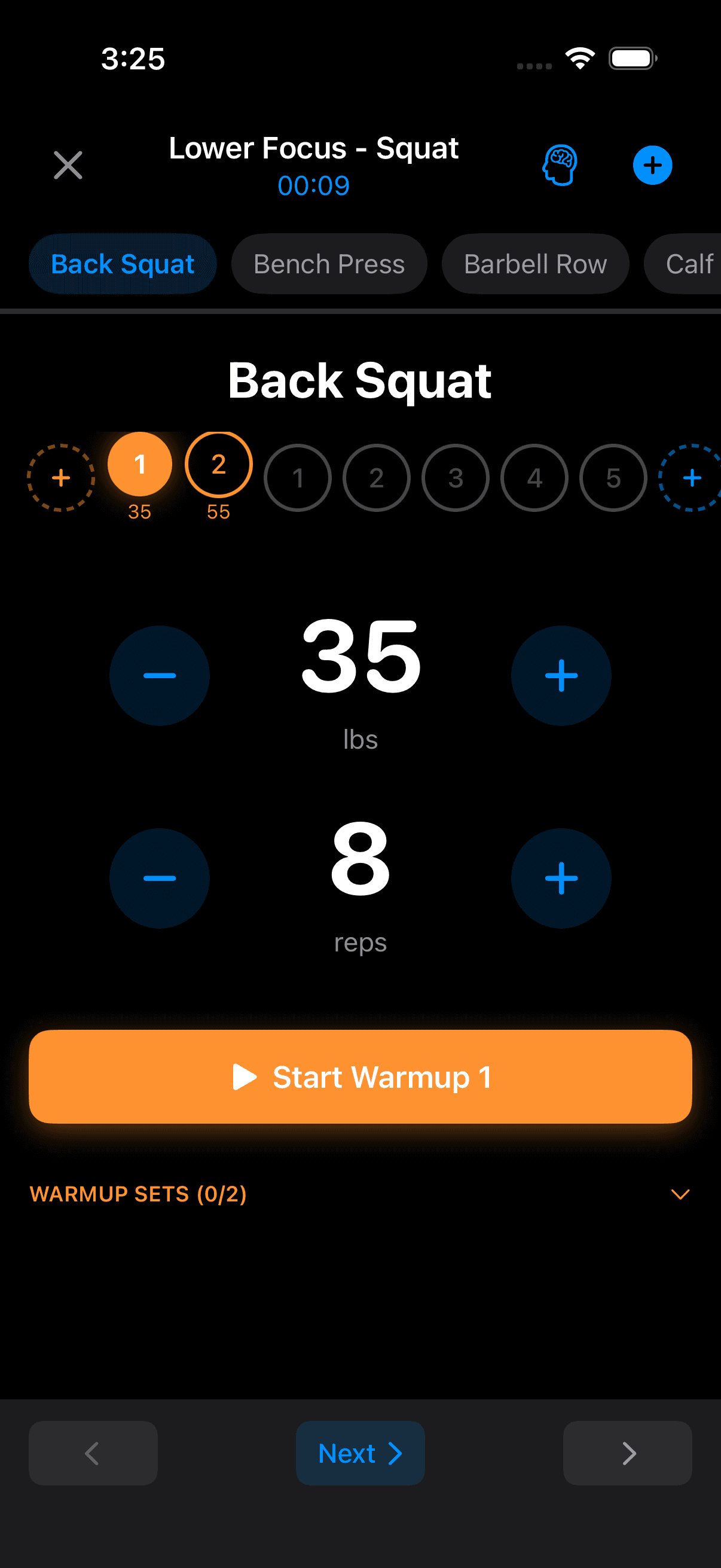 Swole app workout logging with set tracking and warmup indicators